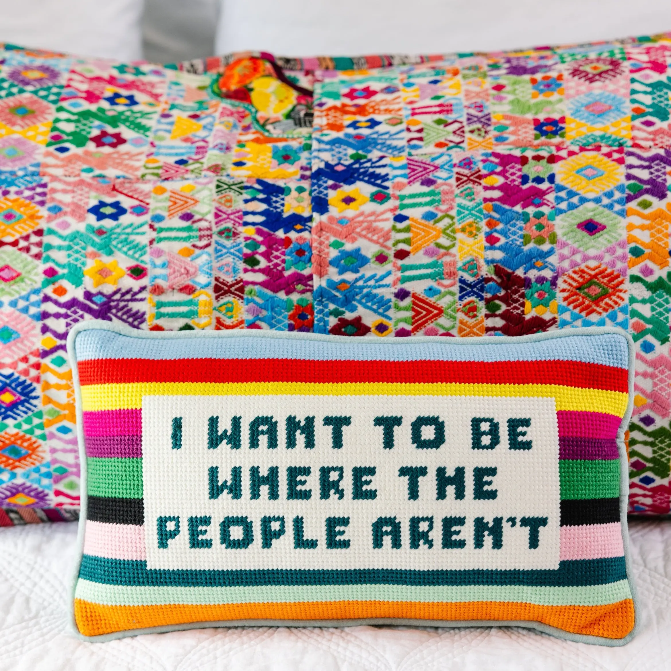 "Where the People Aren't" Playful Quote Embroidered Velvet Needlepoint Pillow - Vibrant Southern Charm Decor Accent for Living Spaces, Craft