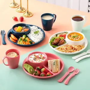4-Piece Japanese Divided Plate Set, Kids' Meal Management Plates with Three Compartments, Includes Breakfast & Snack Utensils, Play Food Tableware