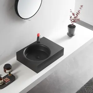 Bathroom Sink, Solid Surface Material, Wall-Mount or Countertop Install, 26" with Single Faucet Hole in Matte Black， SVWS603L-26BK
