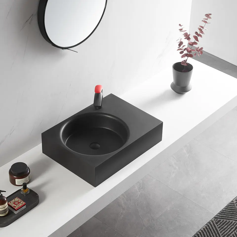 Bathroom Sink, Solid Surface Material, Wall-Mount or Countertop Install, 26" with Single Faucet Hole in Matte Black， SVWS603L-26BK