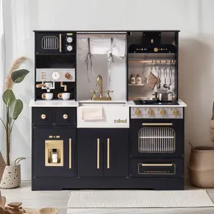 ROBUD Play Kitchen for Kids, Wooden Play Kitchen Set with Plenty of Realistic Play Features, Toy Kitchen with Ice Maker, Coffee Machine, Oven, Cabinet, Microwave, Utensils, Gift for Ages 3+