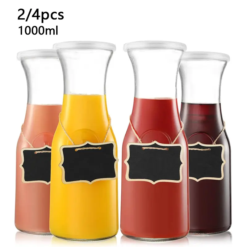 2/4 Piece Set Glass Water Bottle with Lid, 1 Liter Drink Container, Transparent Glass Jug Pitcher, Glass Pitchers, Kitchenware, Suitable for Succulent Bars, Brunches, Cold Drinks