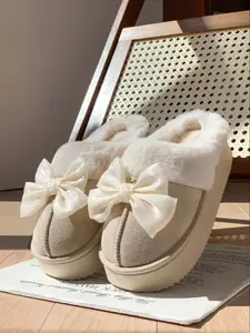 Women's Thick Sole Soft Indoor Textile Slippers, Warm Fleece Lined Butterfly Knot Design, Comfortable Casual Fall & Winter Home Shoes Footwear, Decor