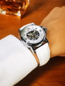 1pc Fashion Casual Skeleton Automatic Mechanical Watch for Women Luminous Hands White Leather Strap Business Casual Ladies Watches Top Brand Luxury Wristwatches Analog Mechanical Watches