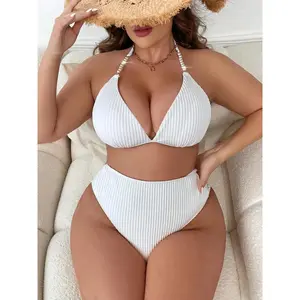 Plus Size Textured Faux Pearls Decor Bikini Set, Casual Halter Neck Swim Bra & High Waist Swim Panty, Women's Swimsuit for Summer Beach Holiday