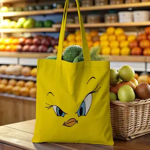 Bright Looney Tunes Tote Bag Featuring Tweety Bird Face, Durable Canvas Grocery Bag for Women, Perfect for Beach, Picnic, and Daily Use