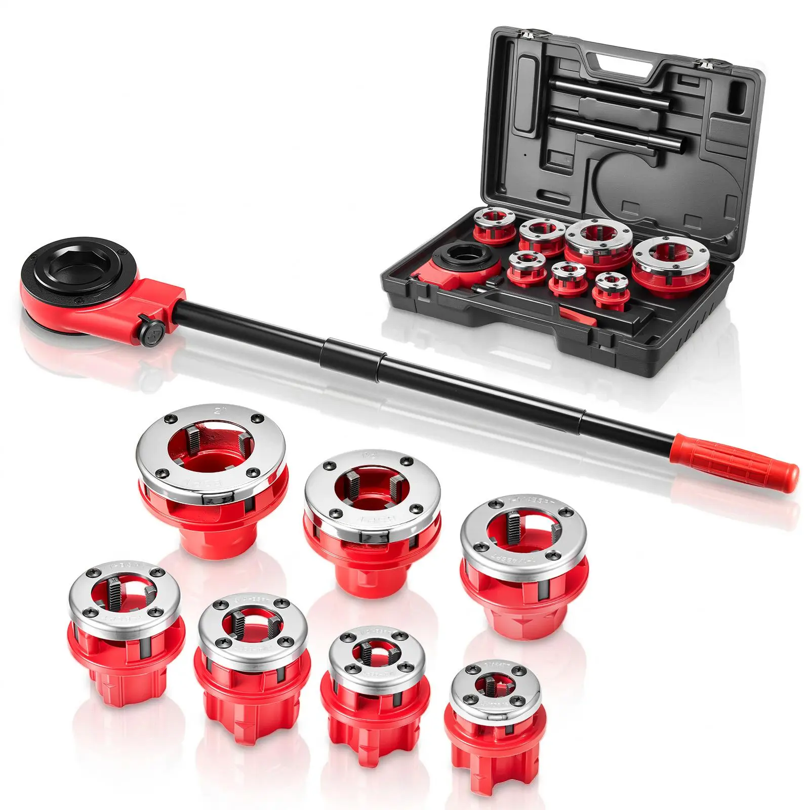 【DealsForYouDays】VEVOR Ratchet Pipe Threader Kit with 7 Dies, 3/8" BSPT to 2" BSPT Manual Ratcheting Pipe Threading Tool, Portable Pipes Threader Set with Toolbox for Plumbing Installation & Repair