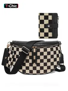 2Pcs Set Checkered PU Leather Crossbody Purse & Short Wallet for Women, Leather Shoulder Bags, Adjustable Strap, Animal Print Design, All-Season Use, Adjustable Strap Satchel