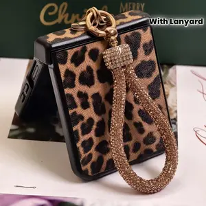 Leopard Leather with Diamond Plated Strap Lanyard Hard PC Back Cover for Moto Razr 50 60 Ultra + 2024 + 2025 Luxury Phone Case
