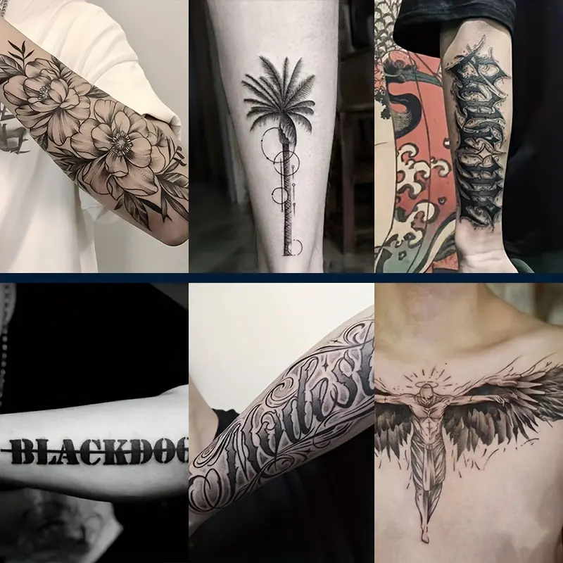 6 Large Herbal Tattoo Stickers, Including 1 Flower, 2 One Qikanuo Calligraphy, 1 One English, 1 One Angel, 1 One Coconut Tree Elements, Lasting for 7-15 Days, Waterproof and Anti-Friction, Realistic Effect, suitable for People Who Don't Want to Get a Tatt