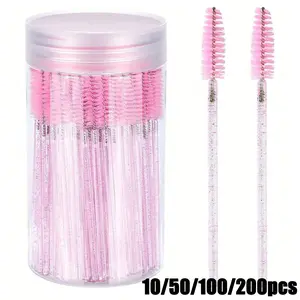 200/100/50/10PCS Eyelash Brushes, Mascara Wands With Container, Bendable Disposable Eyebrow Spoolies, Lash Brush For Lash Extensions, Eyebrow Spoolie, Castor Oil Brushes, Home Beauty Tool (Crystal Pink)
