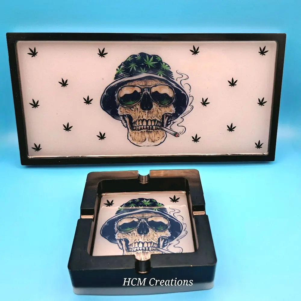 HCM Creations Handmade Trinket Tray & Ashtray with Skull Design and Pot Leaf Accents for Unique Decor