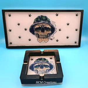 HCM Creations Handmade Trinket Tray & Ashtray with Skull Design and Pot Leaf Accents for Unique Decor