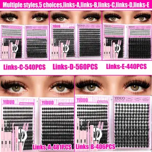481/406/440/560/540 Pcs 2-4 Styles Lash Clusters Kit 100D/150D/Manga Spike Lashes Clusters Kit 8-18mm Cluster Eyelash Extension D-Curl With Lash Bond and Seal, Lash Remover, Lash Tweezers, Eyelash Brush DIY at Home Easily Eyelash Glue Extension