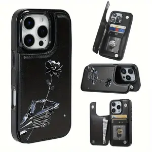 It Is Compatible with The for iphone 17 16 15 14 13 12 PRO MAX PLUS,AIR  Series,A Metallic Hand Grasping a Rose, This Functional TPU Phone Case Showcases a Patterned Design And Includes a Card Slot Along with Various Features for Bank And Transit Cards