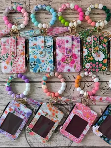 PU Leather Silicone Beaded Bracelet Keychain Card Holder, Floral Print Wallet Handbag, Women's Credit Card Case, Key Chain