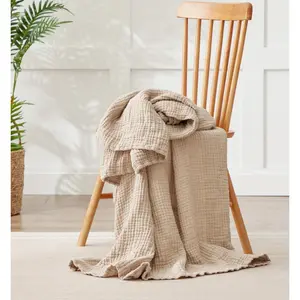 6 Layers Cotton Muslin Large Blanket, Lightweight Cooling Soft Cotton Throw, Breathable Gauze Weave Quilt Bedspread, Year-Round Comfort Bedding for Adults, Oatmeal Beige