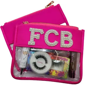 Personalized Makeup Bag with Custom Design Clear and Waterproof Fabric Beauty Bag Cosmetic Case Pink with Rhinestone Letters FCB US 6x8 Inches Nylon PVC Plastic Durable Practical