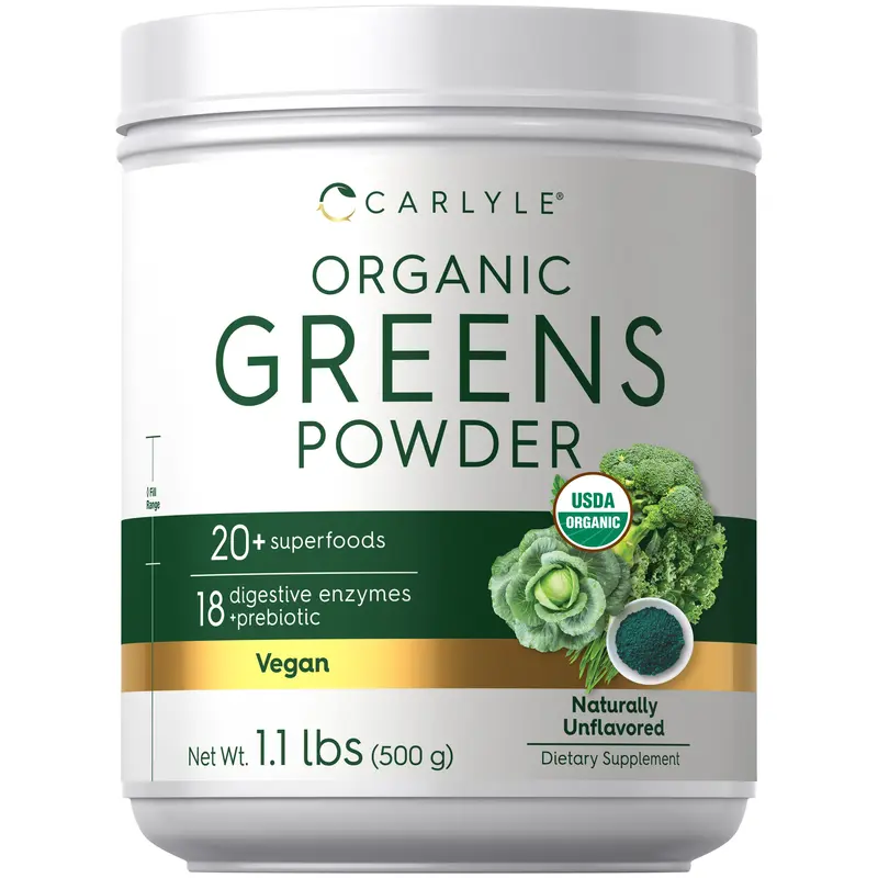 Carlyle Organic Greens Powder | 17.6 oz Supplement  | Relieves occasional gas, discomfort & bloating | with 20+ Superfoods, 18 Digestive Enzymes, and Prebiotics | Vegan, Non-GMO and Gluten Free
