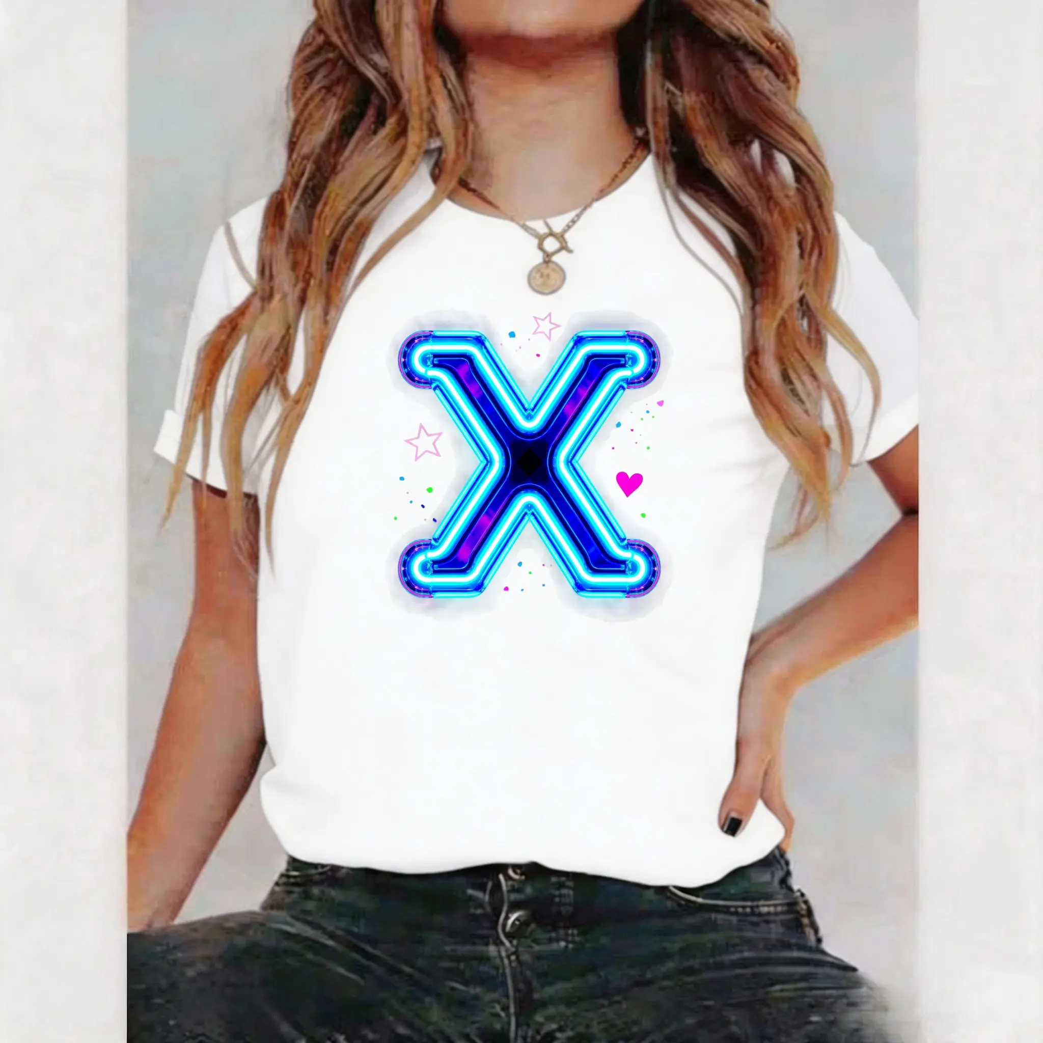 Neon Letter X T Shirt Women Blue Neon Light Alphabet Graphic Tee Initial Monogram Design Casual Short Sleeve Crew Neck Top Gift Black White