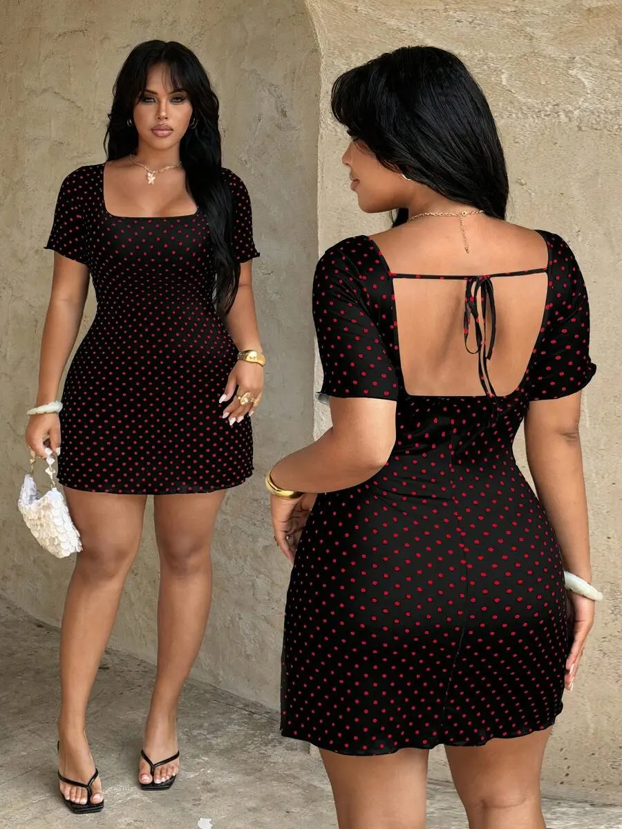 ORLINA Plus Size Women's Black And Red Polka Dot Print Short Sleeve Mini Dress,1920s Flapper,Night Out Club,Summer,Backless Bow Tie,Elegant Party Outfit