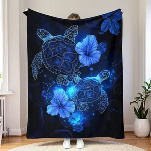 Sea Turtle Hibiscus Flannel Blanket Ultra Soft Ocean Neon Aesthetic Cozy Couch Bed Sofa Decor for Relaxation and Home Decor