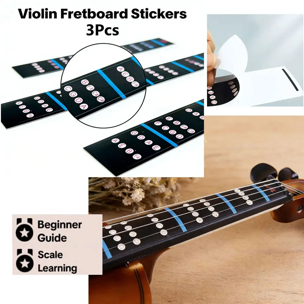 Violin Fretboard Note Stickers Kit, 3 Pieces Beginner Violin Fingerboard Stickers for Scale Learning, Essential Music Education Tool, Scale Learning Aid, Self Adhesive Stickers