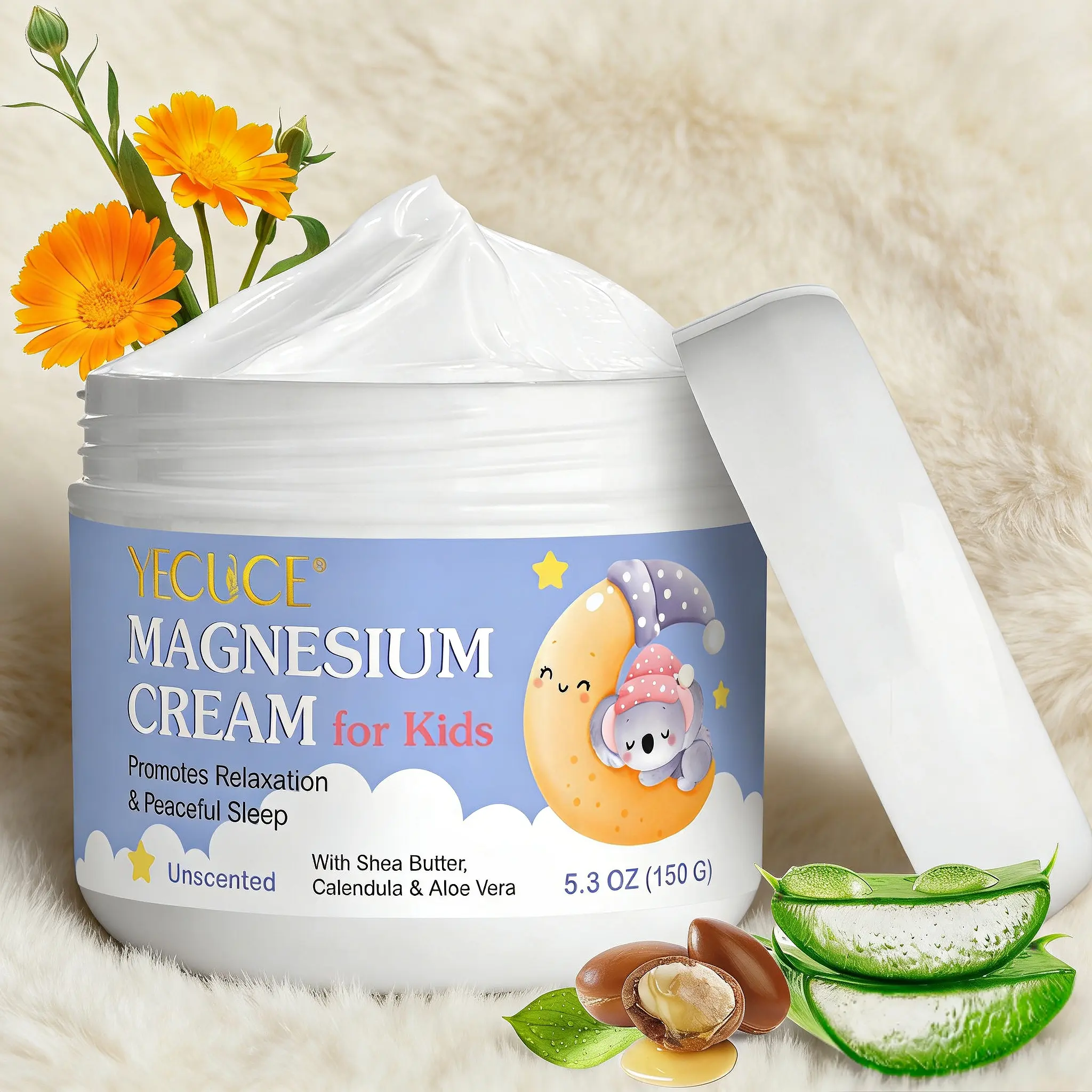 Yecuce Children Magnesium Cream 150g, Safe No Fragrance, Contains Shea Butter, Chamomile, Aloe Vera, Sleep Cream Body Care, Sensitive Skin