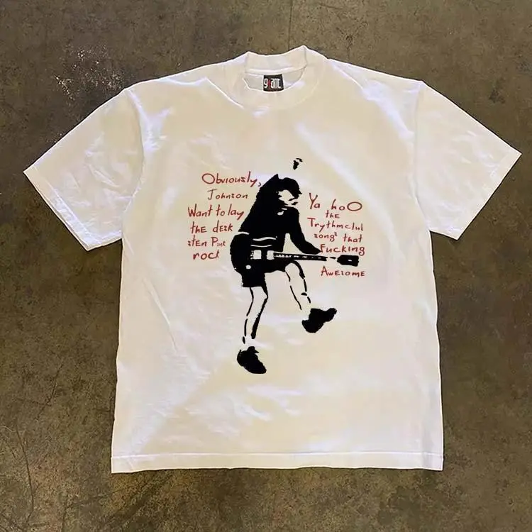 American Retro Guitarist Silhouette Graphic Oversized T-Shirt | Vintage Streetwear Unisex Tee | 100% Cotton Short Sleeve Top for Men & Women | Trendy Casual Fashion Shirt | SKU qmxtrplazv