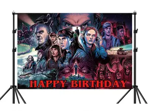 Stranger Things Full Cast Birthday Backdrop – All Main Characters & Iconic Elements, "Happy Birthday" Text, Perfect for Stranger Things Theme Parties & Fan Gatherings, Brings Retro Thriller Fun Vibe, An IP Fan Festive Gift, 2D Print