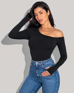 Shapey Long Sleeve One Shoulder Top - Black Womenswear Longsleeves Soft Modal Fabric with Built-In Bust Support & Waist Lacing Lightweight