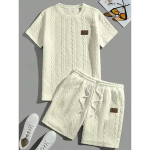 Men's Patched  Short Sleeve Top &   Shorts Loungewear Two-piece Set, Regular Fit Casual Comfy Round Neck Top & Shorts Pj Set, Men's Sleepwear for All Seasons