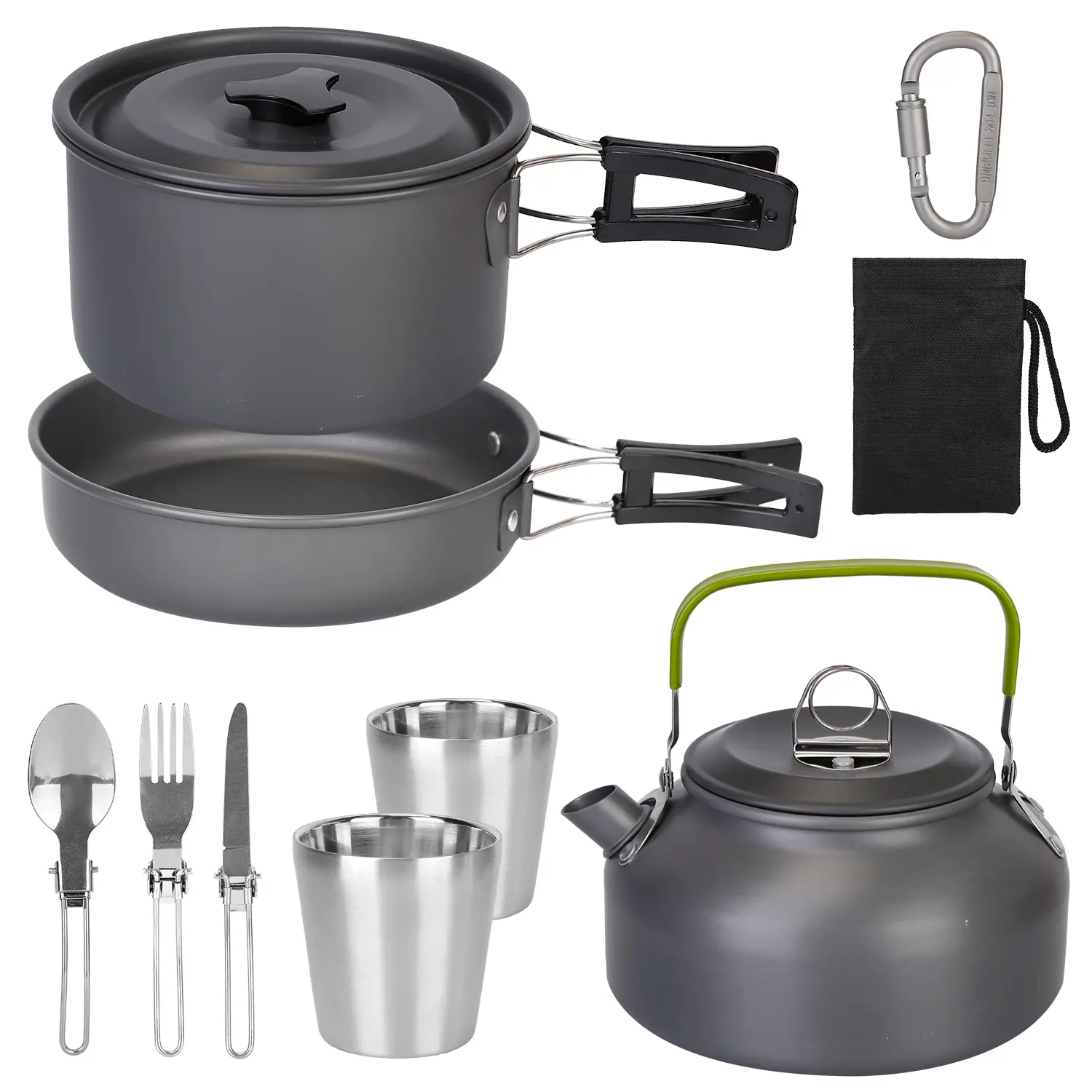 12Pcs Lightweight Anodized Aluminum Camping Cookware Set - Outdoor Cooking Kit with Foldable & Heat-Insulated Handles, Stove, Pots, Pans, Cup, Fork, Spoon, Knife for Hiking, Picnic, Convenient
