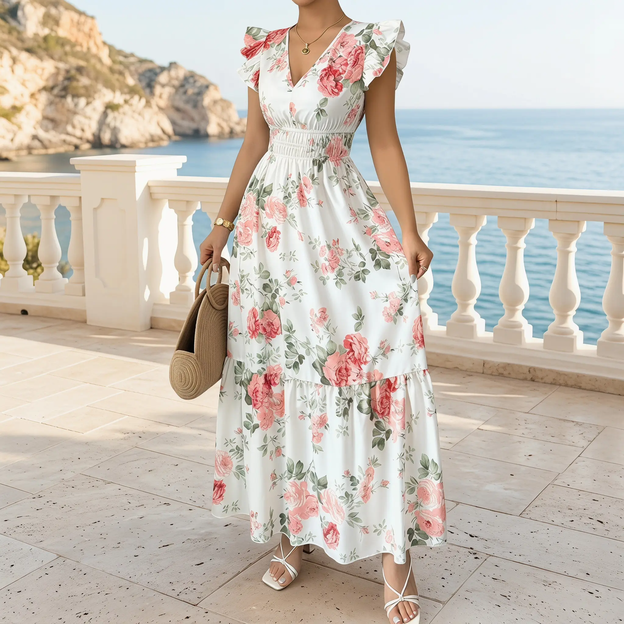 Women's 2026 New Sleeveless Floral Motif Ruffle Trim A-Line Midi Dress - Elegant Classy Look, Casual Wear for Parties