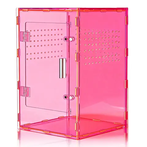 MonsterBox 8x8x12in Deluxe Rectangular Acrylic Jumping Spider House - Enclosed Reptile Terrarium Habitat with Top Mesh Screen, Escape-Proof Magnetic Door, 3mm Micro Vents, Cyberpunk Pink Decor, Shipping Supplies for Tarantulas, Mantises