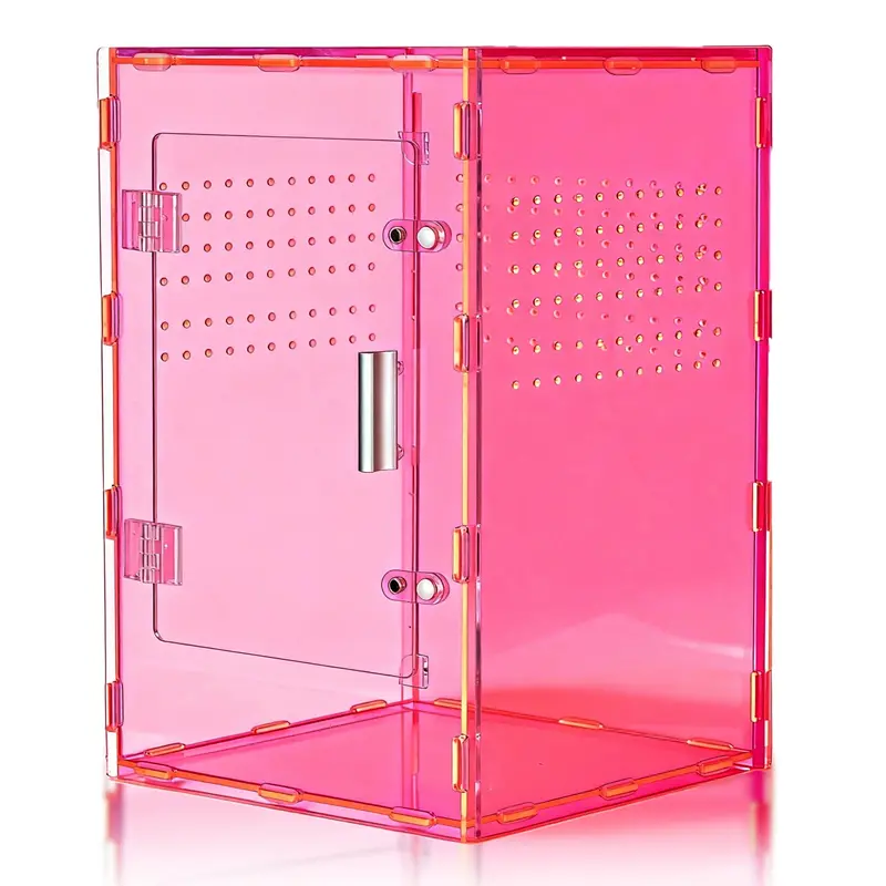 MonsterBox 8x8x12in Deluxe Rectangular Acrylic Jumping Spider House - Enclosed Reptile Terrarium Habitat with Top Mesh Screen, Escape-Proof Magnetic Door, 3mm Micro Vents, Cyberpunk Pink Decor, Shipping Supplies for Tarantulas, Mantises