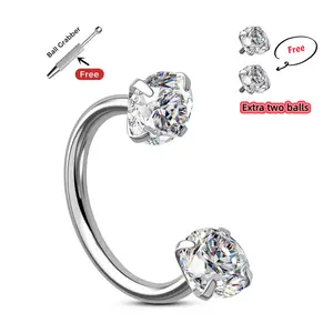 Oufer 20G/18G Stainless Steel Internally Threaded CZ Gem Horseshoe Nose Ring with Free Ball Grabber Tool And Two Top