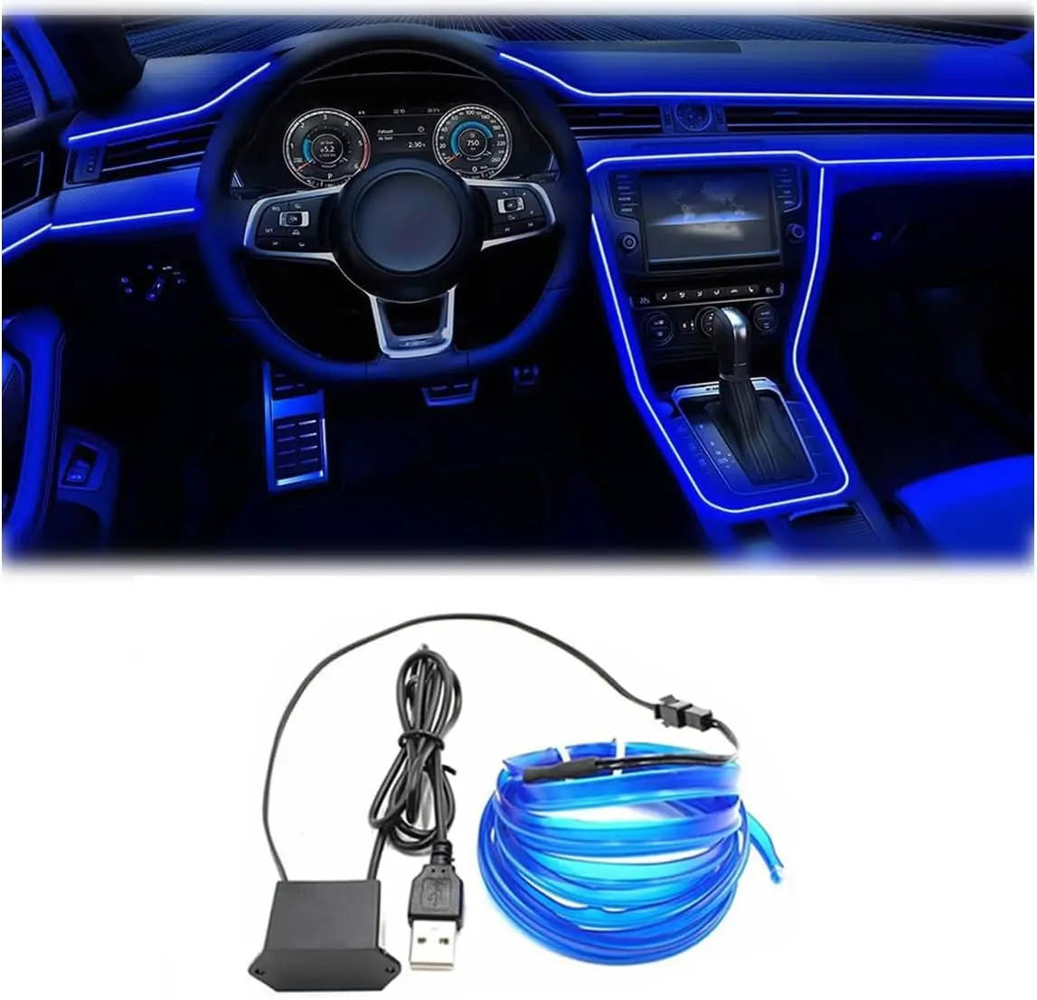 Wire Interior Car LED Strip Lights, 16.5FT USB Neon Glowing Strobing El Wire Strip with 6mm Sewing Edge, Ambient Lighting Kits for Car Inside Decorations (Blue)