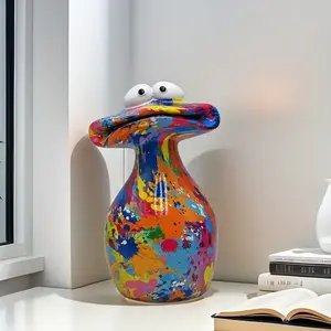 Colorful Large Mouth Frog Resin Art Decoration, Vibrant Splatter Paint Design, Expressive Eyes and Sharp Teeth, Perfect for Bookshelf, Living Room, Office, Garden Decor