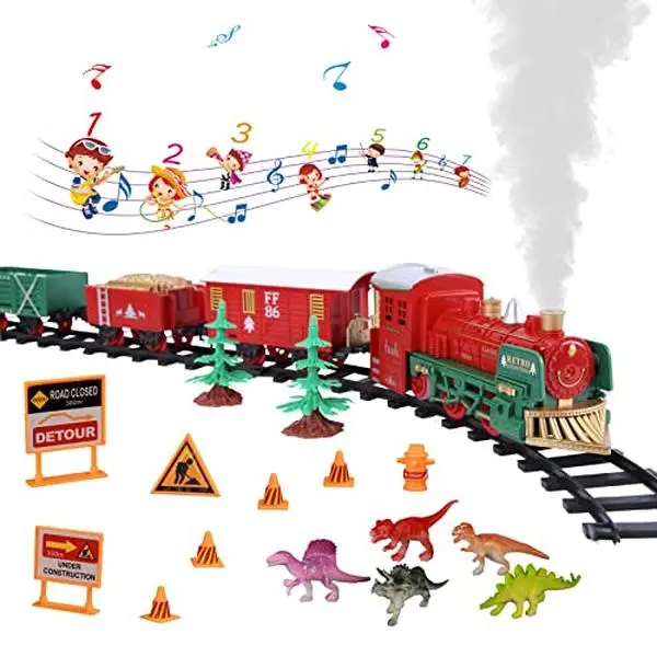 【Christmas Deal】GARVEE Electric Train Set with Real Smoke, Sounds & Lights - Classic Steam Locomotive Engine, 3 Train Cars, and 10 Tracks - Perfect Holiday Gift and Collectible Toy Train