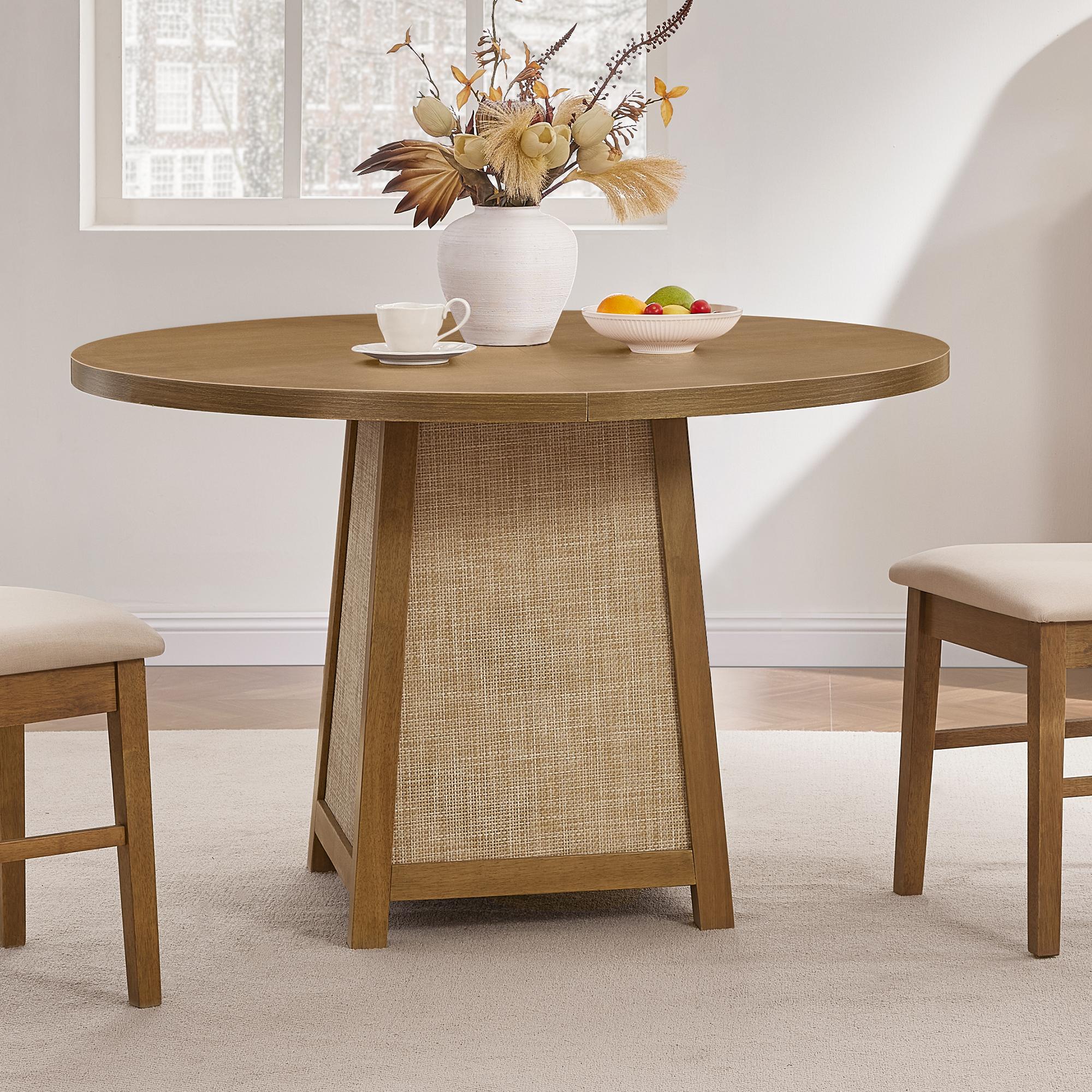 SICOATS Farmhouse Dining Table Set, 5-Piece Round Kitchen Table for 4 with Rattan Detail & Upholstered Chairs, 47 Inch Solid Wood Dining Set in Oak, Modern Cottage Style
