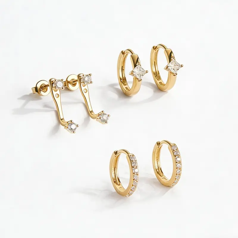 Women's 3-Pair Gold-Plated Copper Cubic Zirconia Earrings Set - Hypoallergenic Dainty Earrings, Stackable Hoops, Cartilage Studs, Female Daily Gift-Worthy Fashion Costume Jewelry