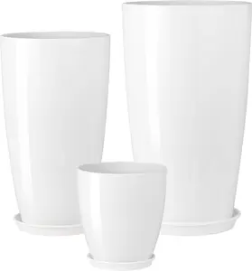【SummerVibes】#MemorialDaySale 24-21-11 Inch Tall Planters Set of 3, Indoor Outdoor White Round Planter with Drainage Hole and Saucer, Large Decorative Plant Pots for Home Garden Porch (White)