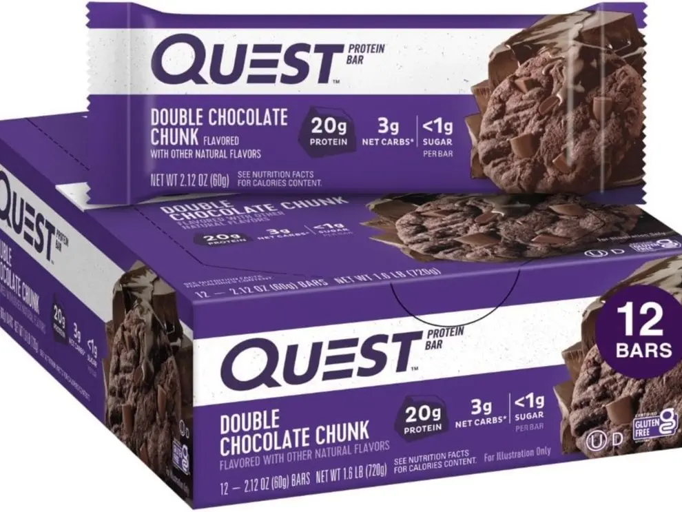 Quest Nutrition Double Chocolate Chunk Protein Bars, 20g Protein Bars, 1g Sugar, 4g Net Carb, Gluten Free, Keto Friendly, 12