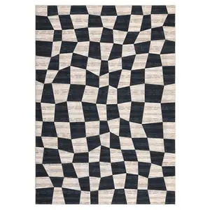 10 x 13 ft Low Pile Polyester Fiber Checkerboard Area Rug, Dark Blue Rectangular Geometric Modern Stain Proof Machine Washable Rug for Indoor Living Room, Bedroom