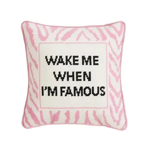 212 MAIN 12x12 in. Wake When Famous Needlepoint Pillow, Pink, Embroidered Detailing, Blown-In Filler, Needlepoint Art, Polyester Blend
