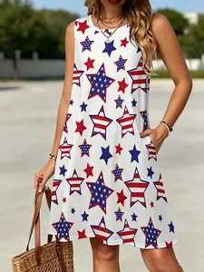Women's S-5XL Sleeveless Swing Dress, American Flag Striped Star Patriotic Print Round Neck Loose Casual Tunic Dress With Side Pockets, 4th of July, Independence Day, Beach Vacation & Daily Loungewear