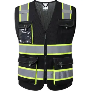 Hi Vis Reflective Safety Vests for Men Women High Visibility Vest with Pockets Mesh Fabric Construction Safety Apparel Neon Vest for Work (220-Black S)