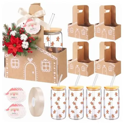 4 Set Christmas Cup Holder Appreciation Gift Sets 2 Drink Carrier with Handle 16 oz Gingerbread Glass Cups Santa Claus Cards Kraft Paper Tray for Coworkers Teachers for Holiday Party Classroom Favor