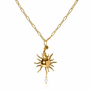 Stainless steel electroplated with 18K gold large sun-shaped necklace